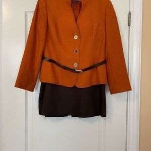 2 piece suit by Tahari. Burnt orange jacket with brown skirt